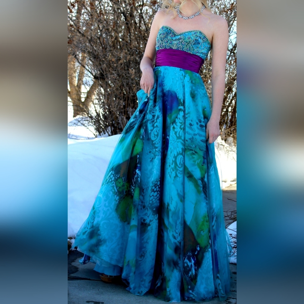 Strapless Teal Floral Prom Gown with Magenta Waistband